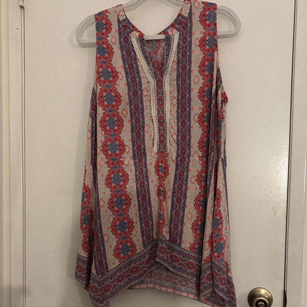 Sleeveless Boho Print Top - orange and Blue with shark bite hemline